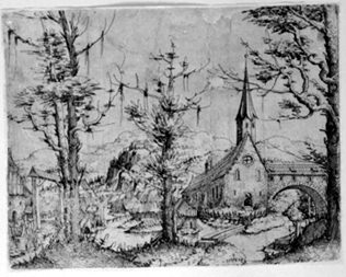 Kirche mit einer gedeckten Bogenbrücke