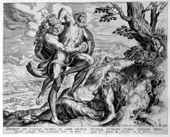 Herakles erdrückt den Riesen Antaios