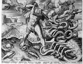 Herakles besiegt mit der Keule die Hydra von Lerna