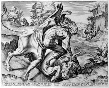 Herakles besiegt den als Stier erscheinenden Flussgott Achelaos