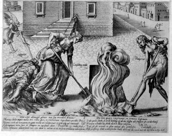 Allegorische Darstellung - Armut und schlechtes Gewissen schaufeln das Feuergrab für den Streitenden