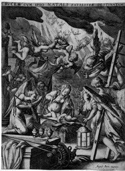 Geburt Christi, umgeben von Engeln mit Arma Christi