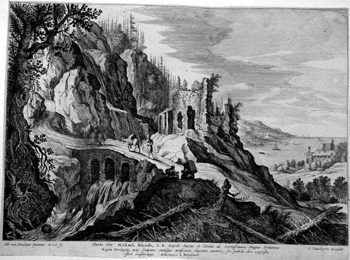 Landschaft mit Wanderern auf einer Brücke