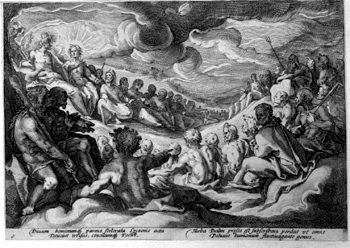 Die Versammlug der olympischen Götter berät sich über die Zerstörung des Universums