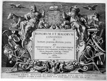 Titelblatt >>Bonorum et malorum Consensio et horum praemia, illorum poena Ad Serenissimum et illustrissimum Principem D.D. Ferdinandum Archiducem Austriae Ducem Burgundiae Stiriae etc Comitem Habsburgensem et Tirolensem etc ...<<