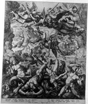 Apokalyptische Darstellung - Engel stürzen die Teufel