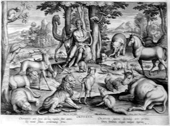 Orpheus bezaubert Bäume und Tiere mit seinem Leierpiel