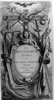Titelblatt >>SS. APOSTOLORVM ICONES A PET. PAVLO RVBENIO  delinetae, A CORNELIO GALLE evulgatae ANTVERPIAE<<