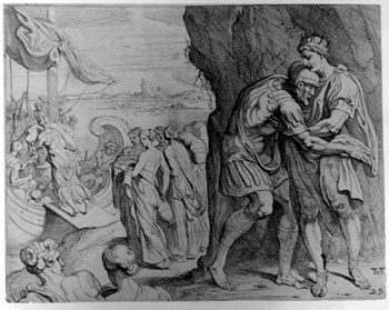 Odysseus bittet Alcinoos, den König der Fajaken, ums Lebewohl