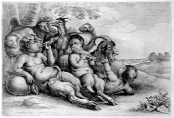 Musizierende kleine Satyre mit einem Bock