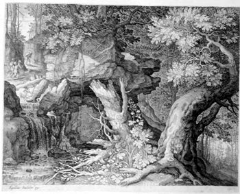 Landschaft mit einem Bach und  Wanderern