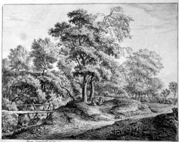 Bäuerin mit der Tochter auf kleiner Holzbrücke