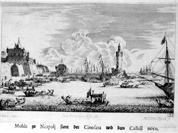 Ansicht vom Hafen in Neapel mit Castello Nuovo und Leuchtturm