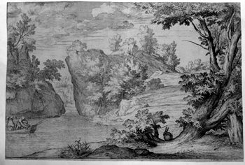 Landschaft mit Fluss und Barke