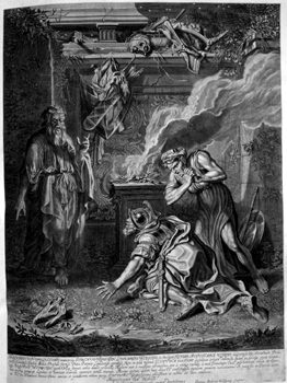 König Saul spricht bei der Hexe von Endor mit Samuels Geist