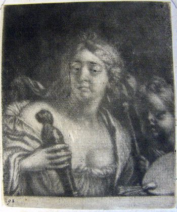 Eine Frau mit Putto und Musikinstrumenten