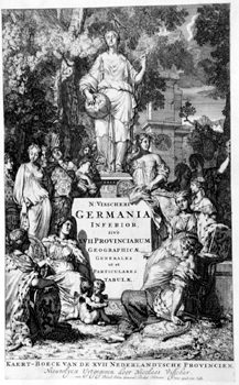 Titelblatt >>N. Visscheri Germania Inferior Sive XVII Provinciarum Geographicae Generales ut et Particulares Tabulae Kaert - Boeck van de XVII Nederlandtsche Provincien Nieuwlycx Uytgegeven door Nicolaes Visscher cum Privil. Ordin. General Belgii Faederat