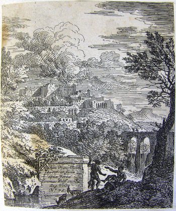 Landschaft mit einer Stadt und Staffage