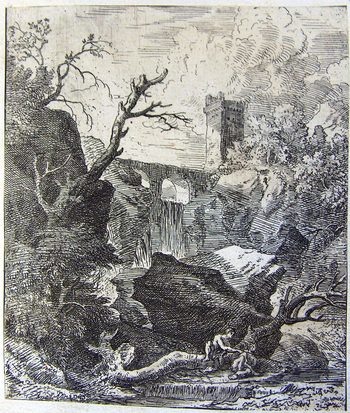 Landschaft mit einem Fischer und einer Brücke