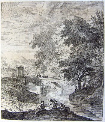 Landschaft mit  einer Brücke und drei Männern am Ufer
