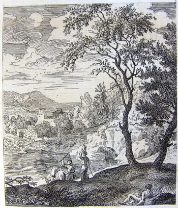 Landschaft mit einem Wanderer und einer Wasserträgerin