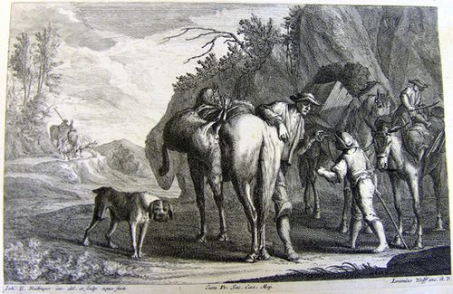 Männer mit einem toten Schaf auf einem Pferd