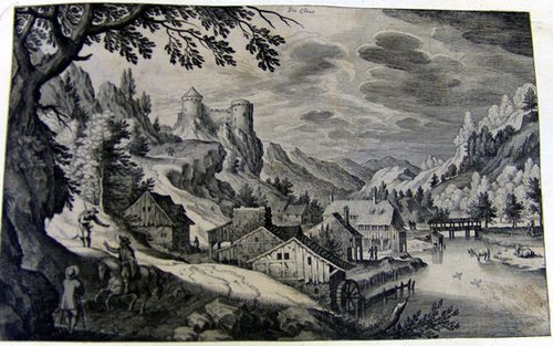 Landschaft mit einem Dorf und einer Burgruine