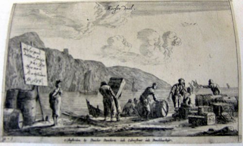 Küstenszene - Titelblatt >> quelqe port dee Meer faicts par RM Zeeman A Amsterdam  a 1656 a.1 t´Amsterdam by Dancker danckerts inde Calverstraat inde Danckbaarheyt<<
