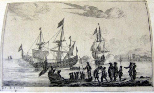 Ankunf vonzwei Segelschiffen, die nach beiden Seiten Salut schießen