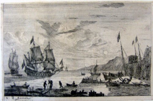 Hafenszene mit zwei großen Segelschiffen