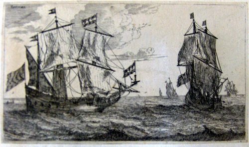 Zwei große Segelschiffe mit Flaggen
