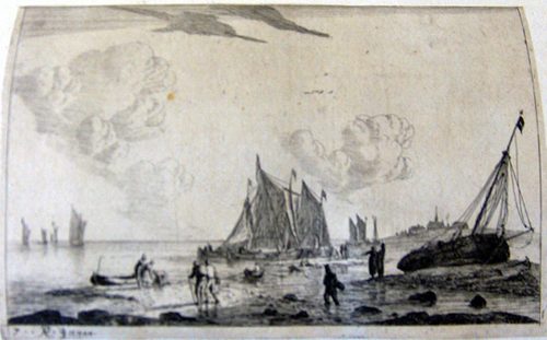 Hafenszene mit einem Schiff am Ufer