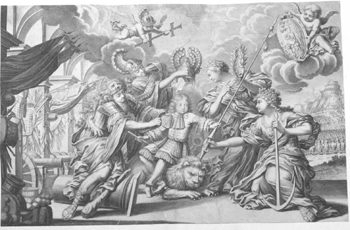 Allegorische Darstellung - Der kleine Kaiser Joseph I. (?) zwischen den Tugenden