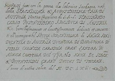 Titel- und Dedikationsblatt >> Scherzi fatti con la penna da Lodovico Sardagna nob: della Serenissima & Augustissima Casa di Austria Trentino Consigliere di S.A.S. Ferdinando Carlo Potentissimo Arciduca di Austria & c: humillissimamente et devottissimamen
