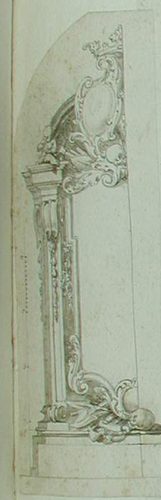 Zwei Putten, die Girlanden über einen Pilaster haltend