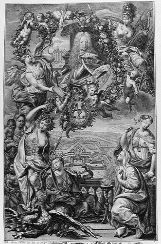 TITEL Medaillon von erb jako 108 mit Ansicht von Schloss, von allegorischen Gestalten umgegeben