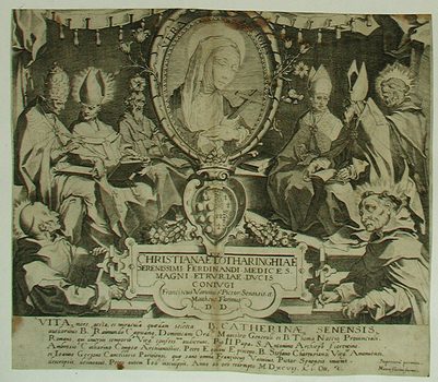 Titelblatt >> CHRISTIANAE LOTHARINGIAE SERENISSIMI FERDINANDI MEDICES. MAGNI. ETRVRIRAE. DVCIS CONIVGI Franciscus. Vannius. Pictor. Senensis. Mattheus. Florimus. D.D.<<