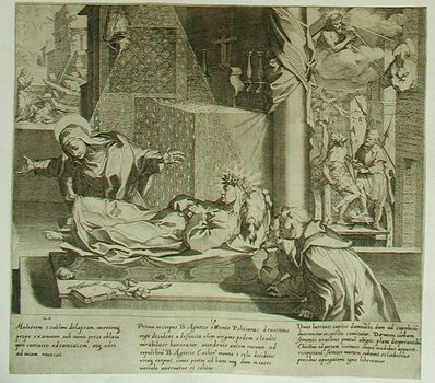Die tote Agnes von Montepulciano hebt ihren Fuß der Hl. Katharina von Siena zum Kuß entgegen