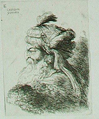 Ein alter bärtiger Mann mit Turban mit kleinem Ferderbusch, nach links schauend