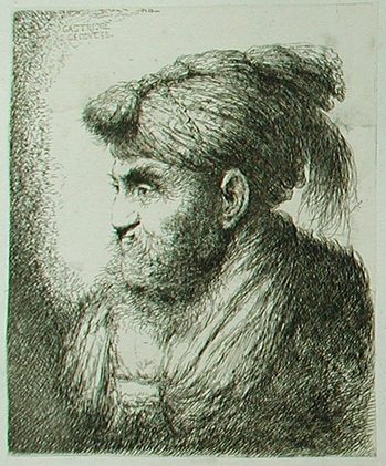 Ein Mann mit dem Schnurrbart und einer Mütze, nach links schauend