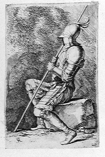 Ein gerüsteter und sitzender Soldat