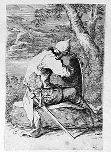 Ein sitzender Soldat, sich um ein Schild stützend