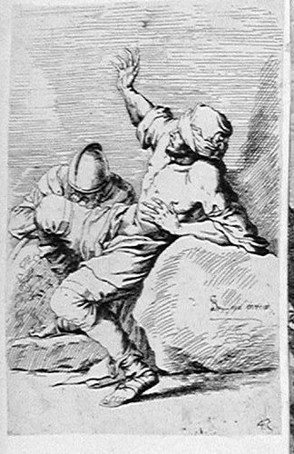 Zwei Soldaten, ein nach oben zeigend, der zweite ruhend