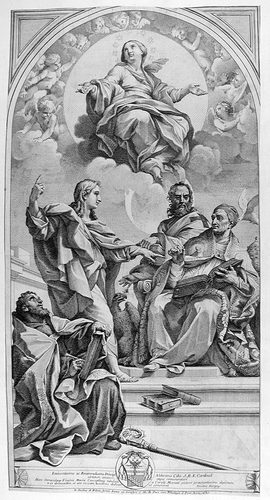 Ein Heilige verehrt das Bild mit Maria mit Christuskind und Johannesknaben