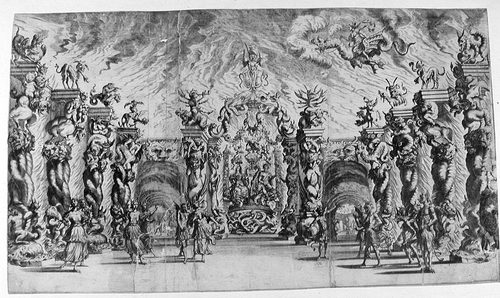Bühnenbild mit thronenden Hades und Proserpina in der Unterwelt