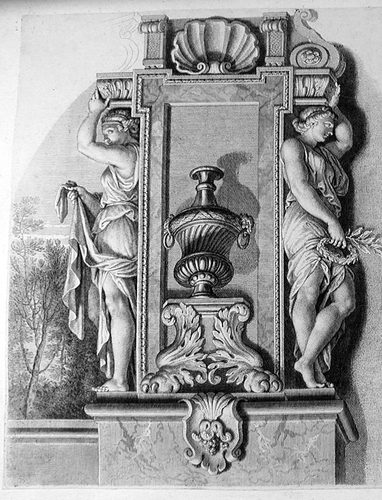 Zwei Karyatiden mit einer Kratervase, ein Gewölbe des Saales tragend
