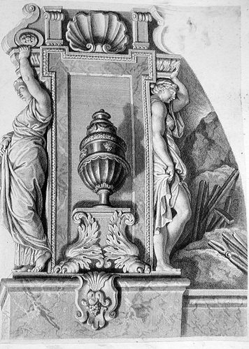 Zwei Karyatiden mit einer Kratervase, ein Gewölbe des Saales tragend