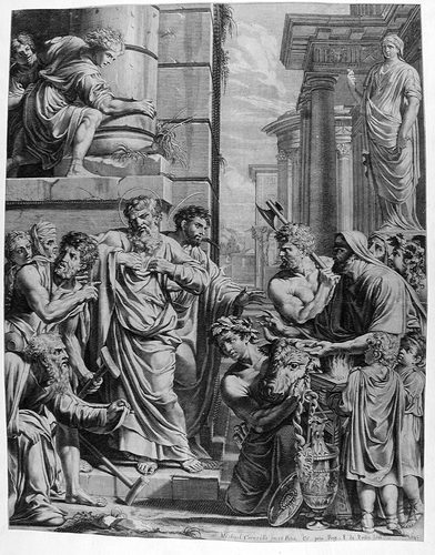 Paulus und Barnabas lehnen das angebotene Götzenopfer in Lystra ab