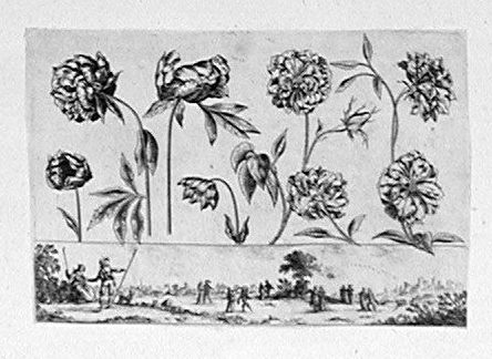 Pfingstrosen und andere Blüten, unten die adelige Gesellschaft beim Tanzen im Freien