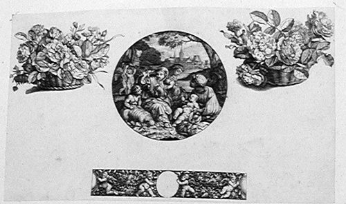 Zwei Blumenkörbe, eine Zierkartusche und Maria mit dem Christuskind, Hl. Anna und Johannesknaben